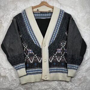 Mark Elliot Geometric Knit Cardigan Genuine Leather Trim Pockets Elbow Patches L
